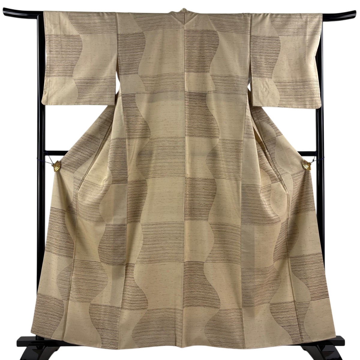 【美品】 小紋 身の丈159.5珊 裄丈65珊 M 袷 紬地 縞 薄イエローオーカー色 正絹 神品 【中古】 msp50