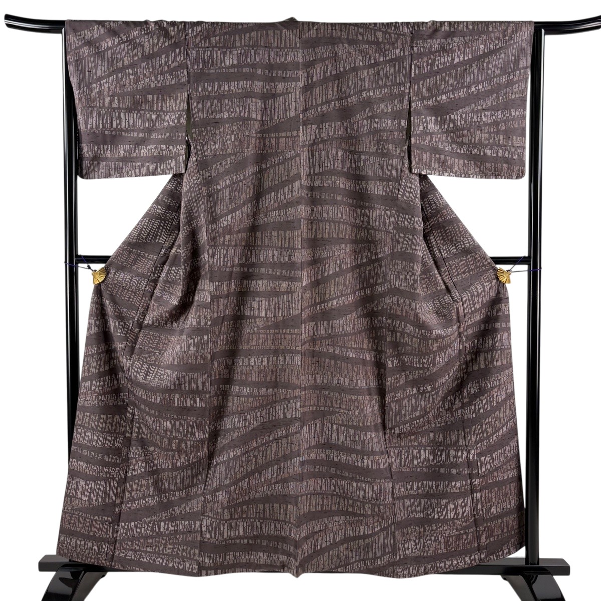 【美品】 小紋 身の丈159珊 裄丈65.5珊 M 袷 紬地 幾何学学飾りつけ 縞 茶紫 正絹 神品 【中古】 msp50