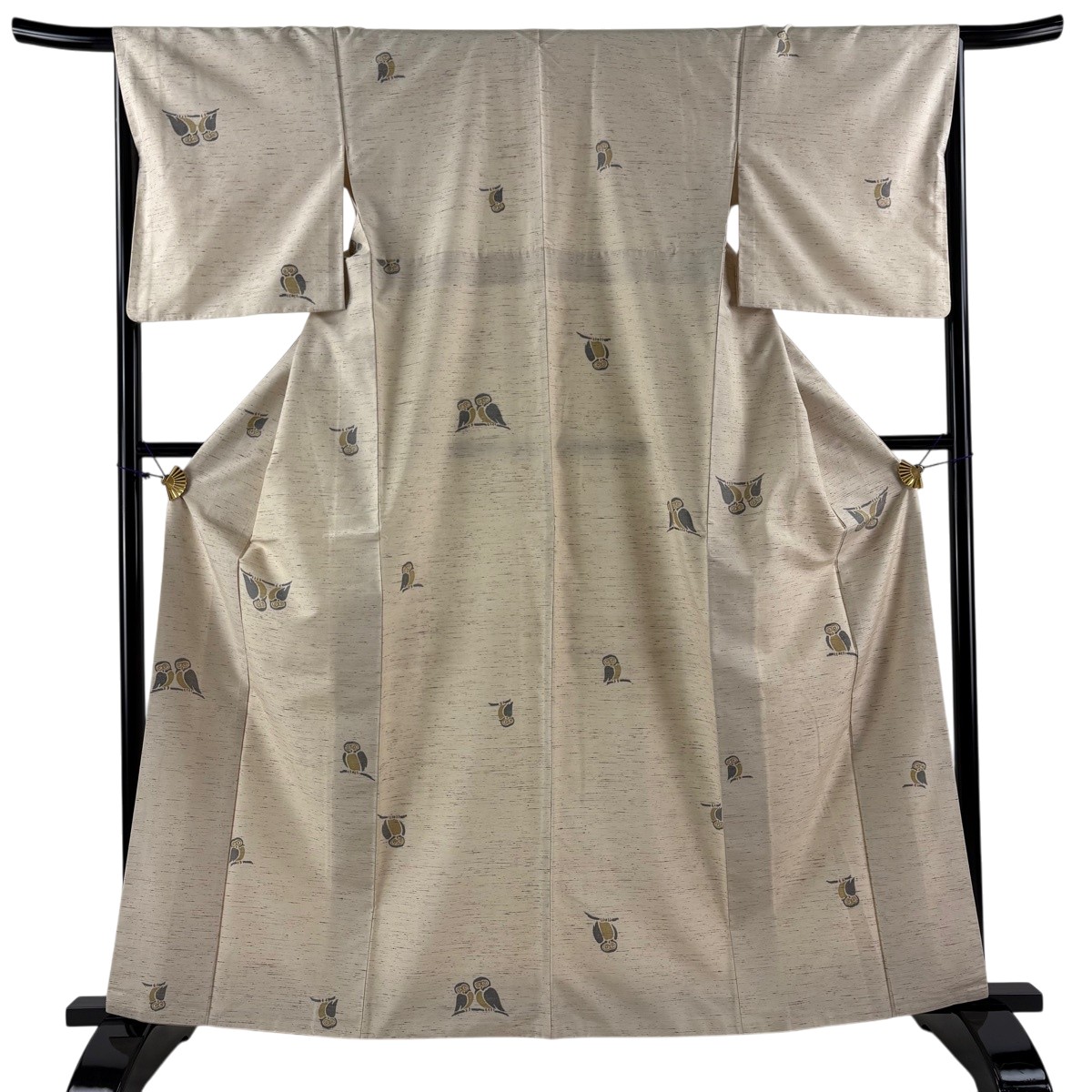 【美品】 紬 身の丈162.5珊 裄丈67珊 M 袷 ふくろう ベージュ 正絹 神品 【中古】 msp50