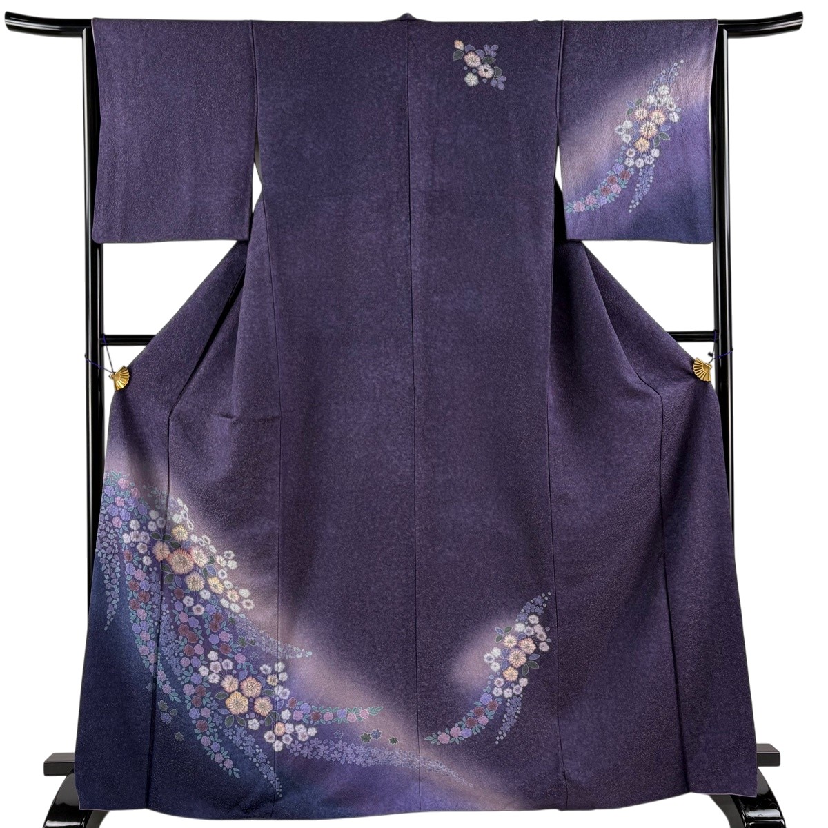 短い訪問着 身の丈168珊 裄丈64.5珊 M 袷 辻が花 金通し ぼかし 紫 正絹 神品 【中古】 msp50