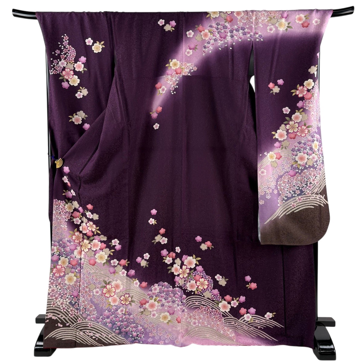 【美品】振袖 身の丈172珊 裄丈73珊 L 袷 桜 波 銀通し 箔 紫 正絹 神品 【中古】 msp50