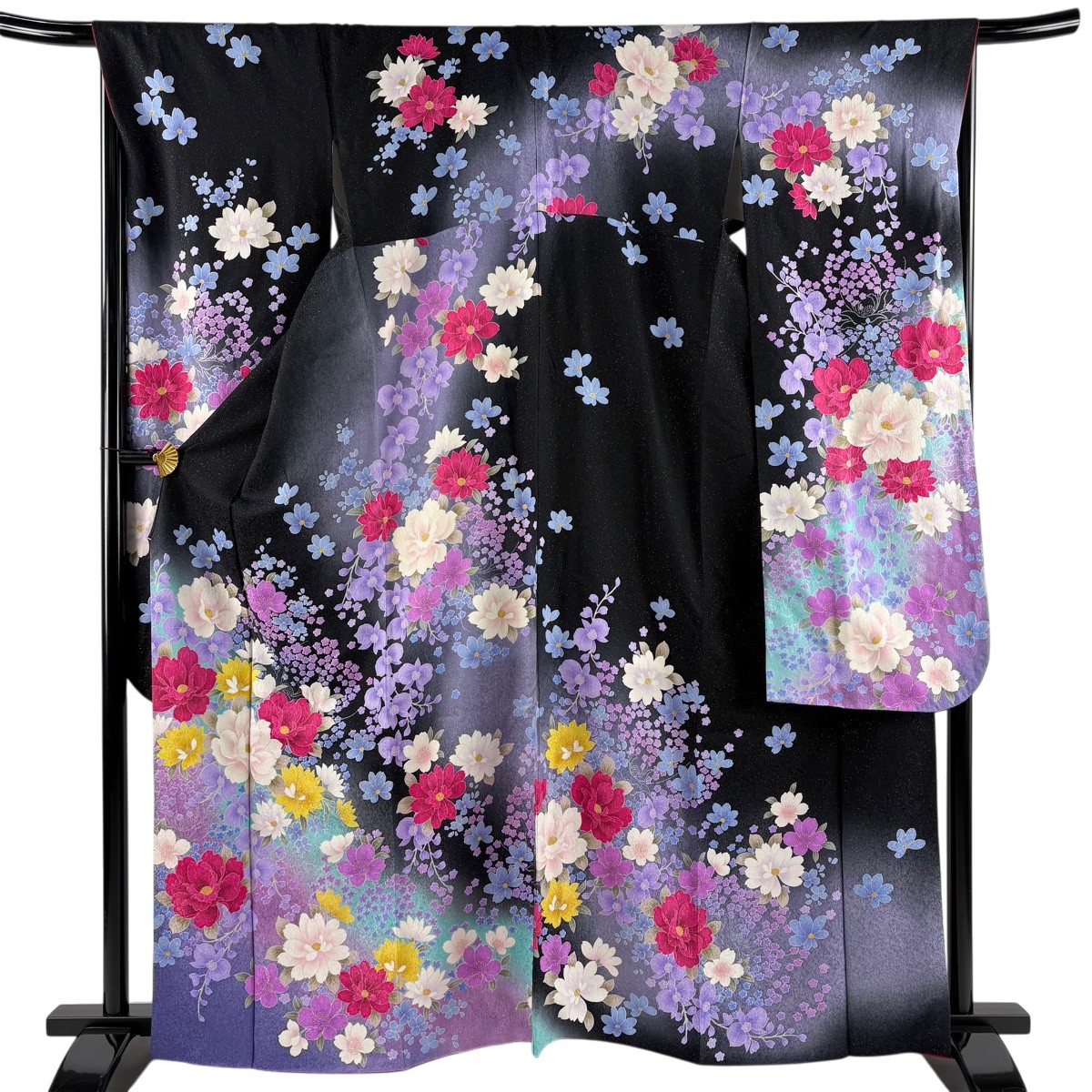 【美品】 振袖 身たけ164.5糎 裄丈68糎 L 袷 顕花植物 桜 銀通し 銀糸 黒 正絹 珠玉 【中古】