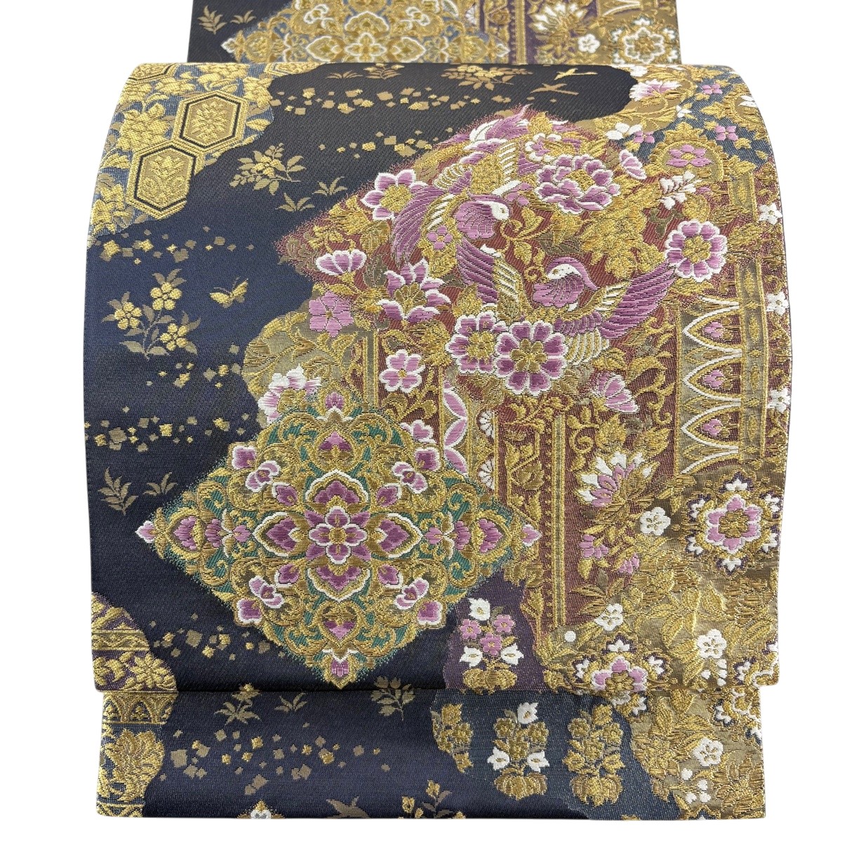 【美品】 袋帯 珠玉 じゅらく 名書きあり じゅらく天津御姉紫 向い鳥 華文 現ナマ糸 箔 墨色 お太鼓柄 正絹 【中古】
