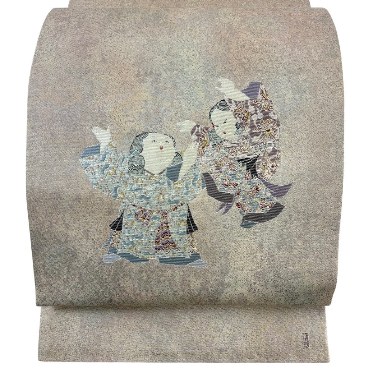 袋帯 珠玉 由水十久締めくくる 名書きあり 童 箔 金彩 薄紫 お太鼓柄 正絹 【中古】