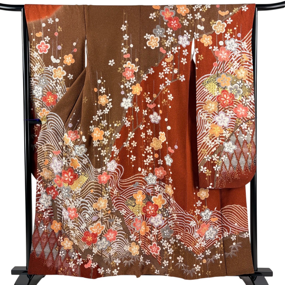 振袖 身の丈159珊 裄丈64.5珊 M 袷 梅 波 金彩 絞り 赤銅色 正絹 神品 【中古】 msp50