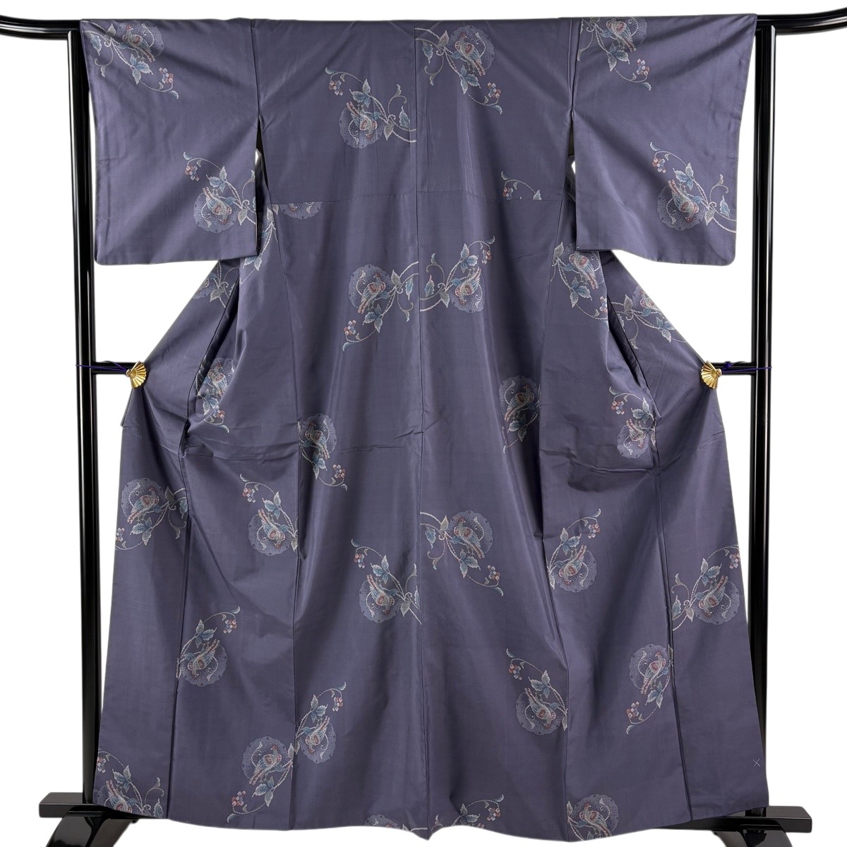 紬 身の丈161.5珊 裄丈63珊 S 袷 鳥 雪輪 灰紫 正絹 神品 【中古】 msp50