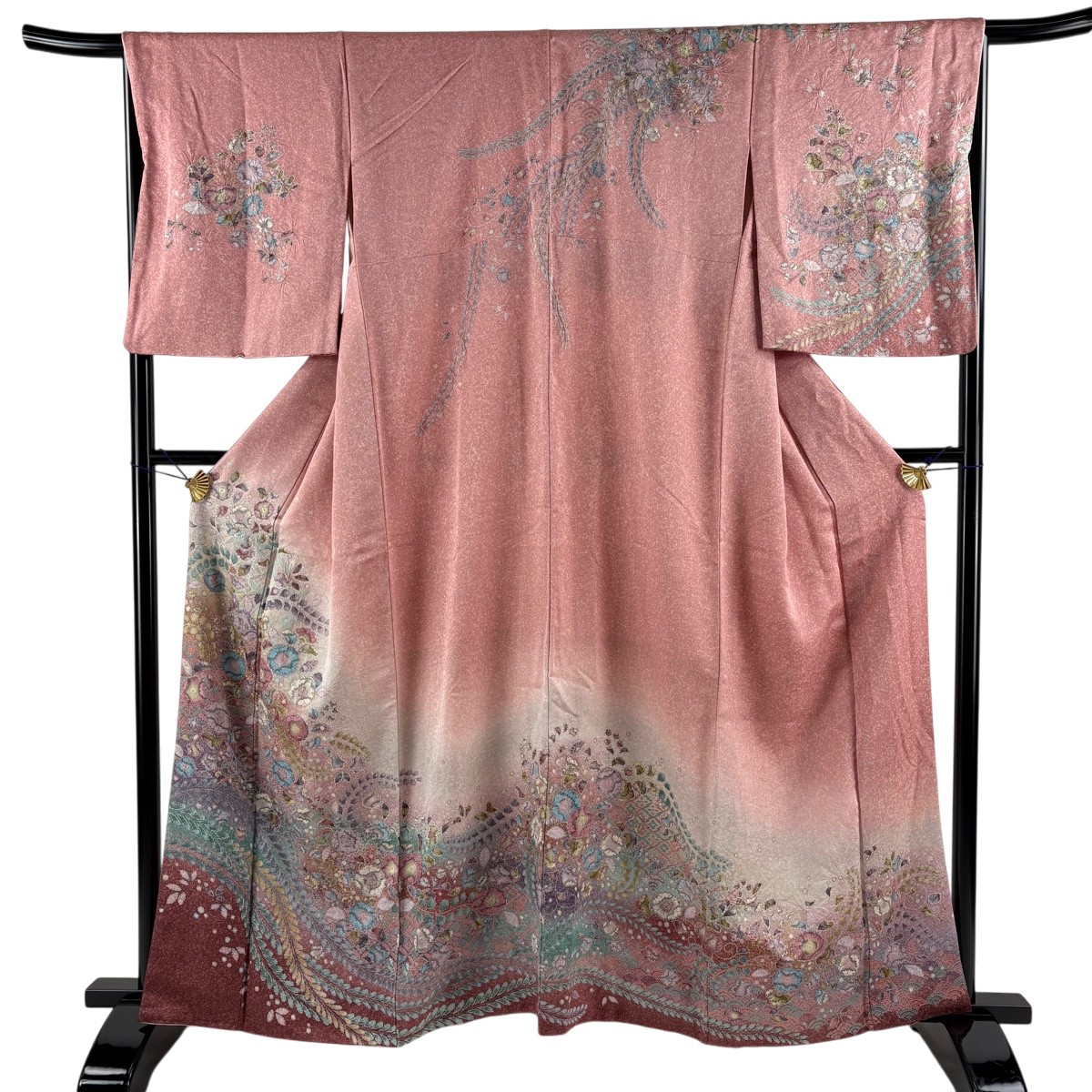 【美品】 短い訪問着 身の丈162珊 裄丈67珊 M 袷 辻が花柄 ぼかし 現ナマ彩 さくら色 正絹 神品 【中古】 msp50