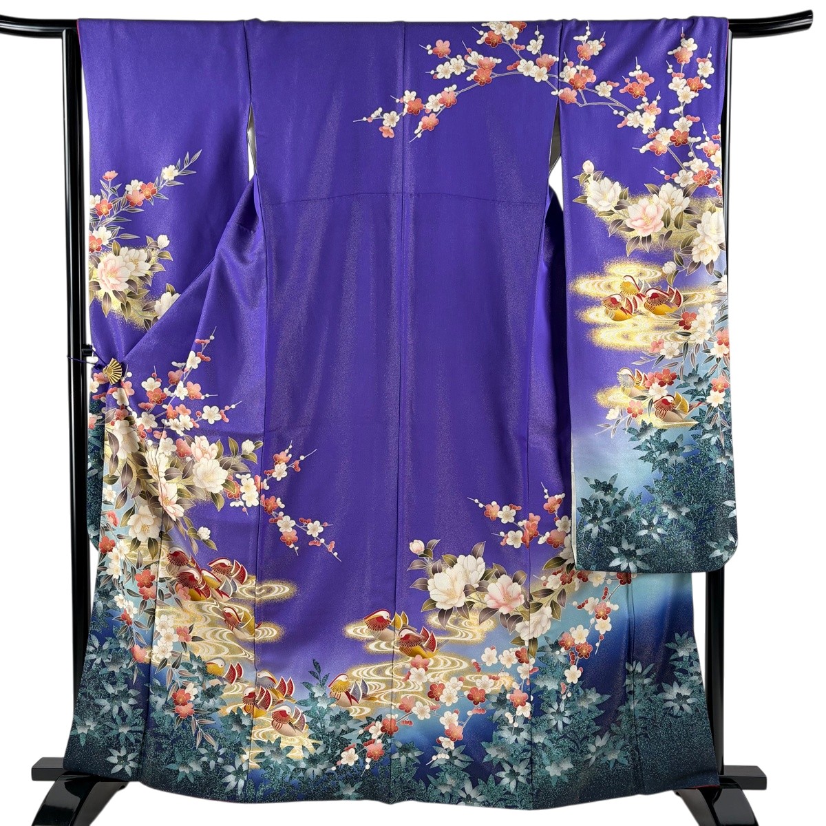 【美品】 振袖 身の丈162.5珊 裄丈65珊 M 袷 鴛鴦 顕花植物 金通し 箔 紫 正絹 神品 【中古】 msp50