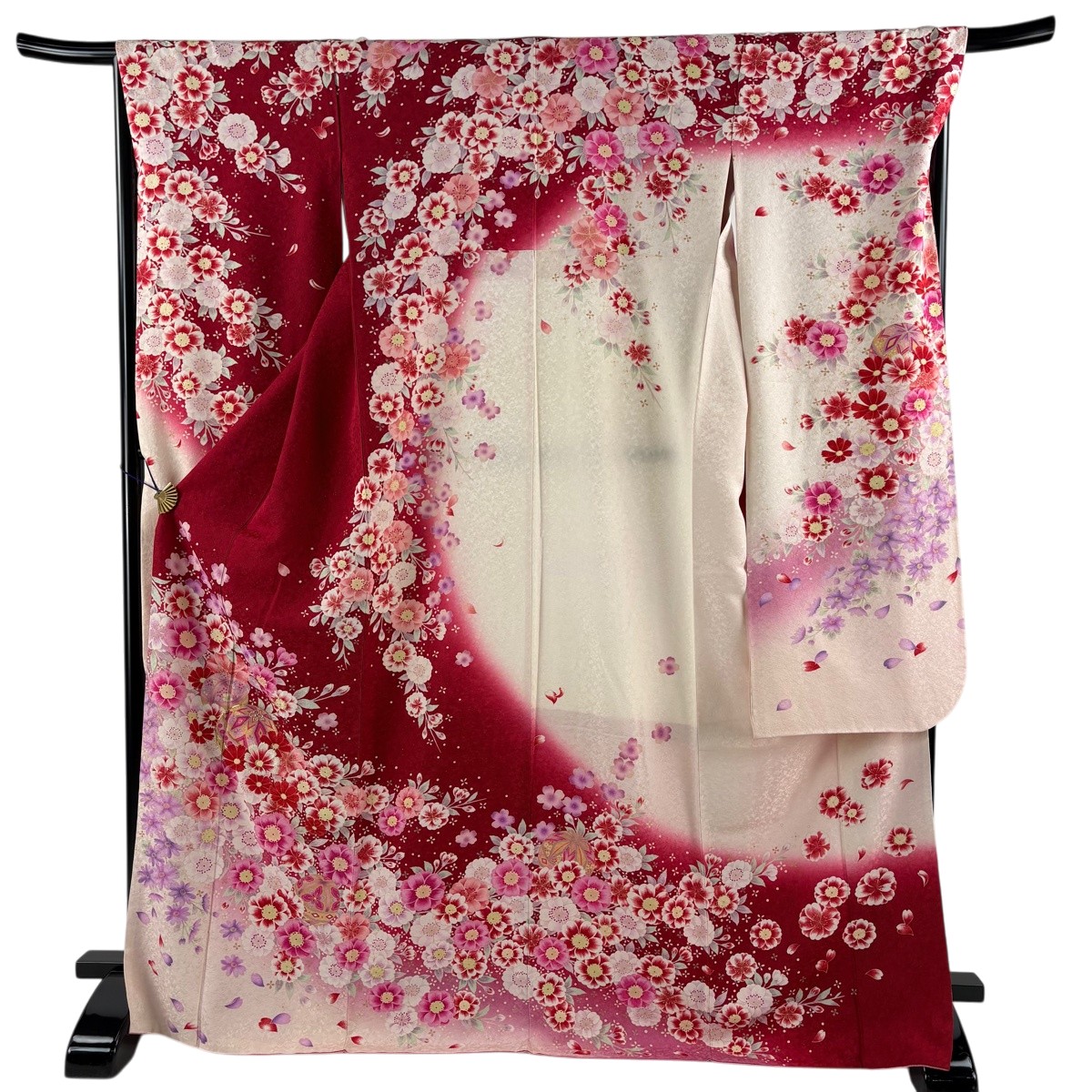 【美品】 振袖 身の丈172珊 裄丈67.5珊 L 袷 顕花植物 鞠 銀通し 赤 正絹 神品 【中古】 msp50