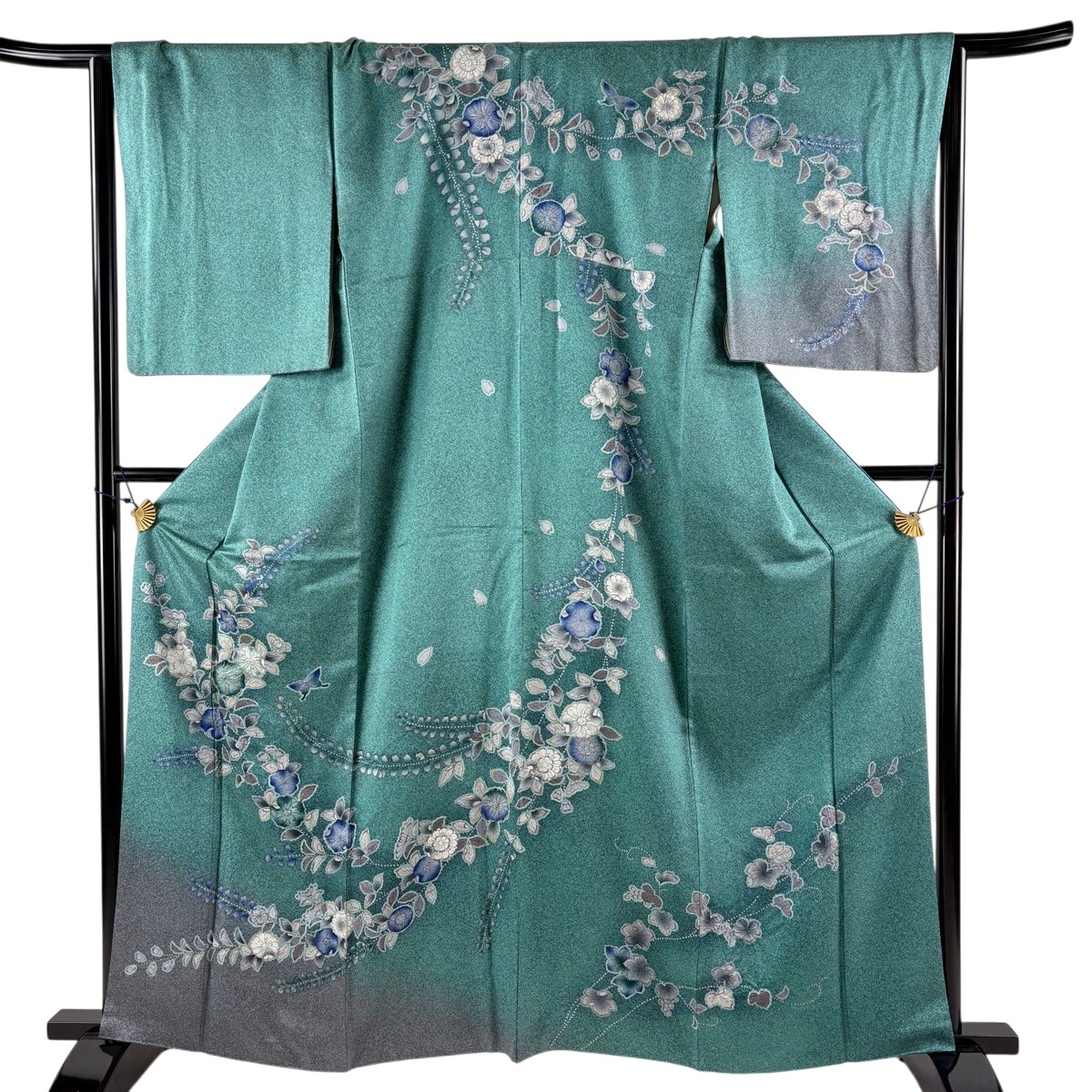 短い訪問着 身の丈162.5珊 裄丈66珊 M 袷 辻が花柄 金彩 ぼかし 緑 正絹 神品 【中古】 msp50
