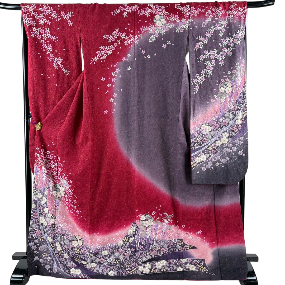 【美品】 振袖 身の丈169.5珊 裄丈67.5珊 L 袷 雪輪 顕花植物 金通し 現ナマ彩 赤 正絹 神品 【中古】 msp50