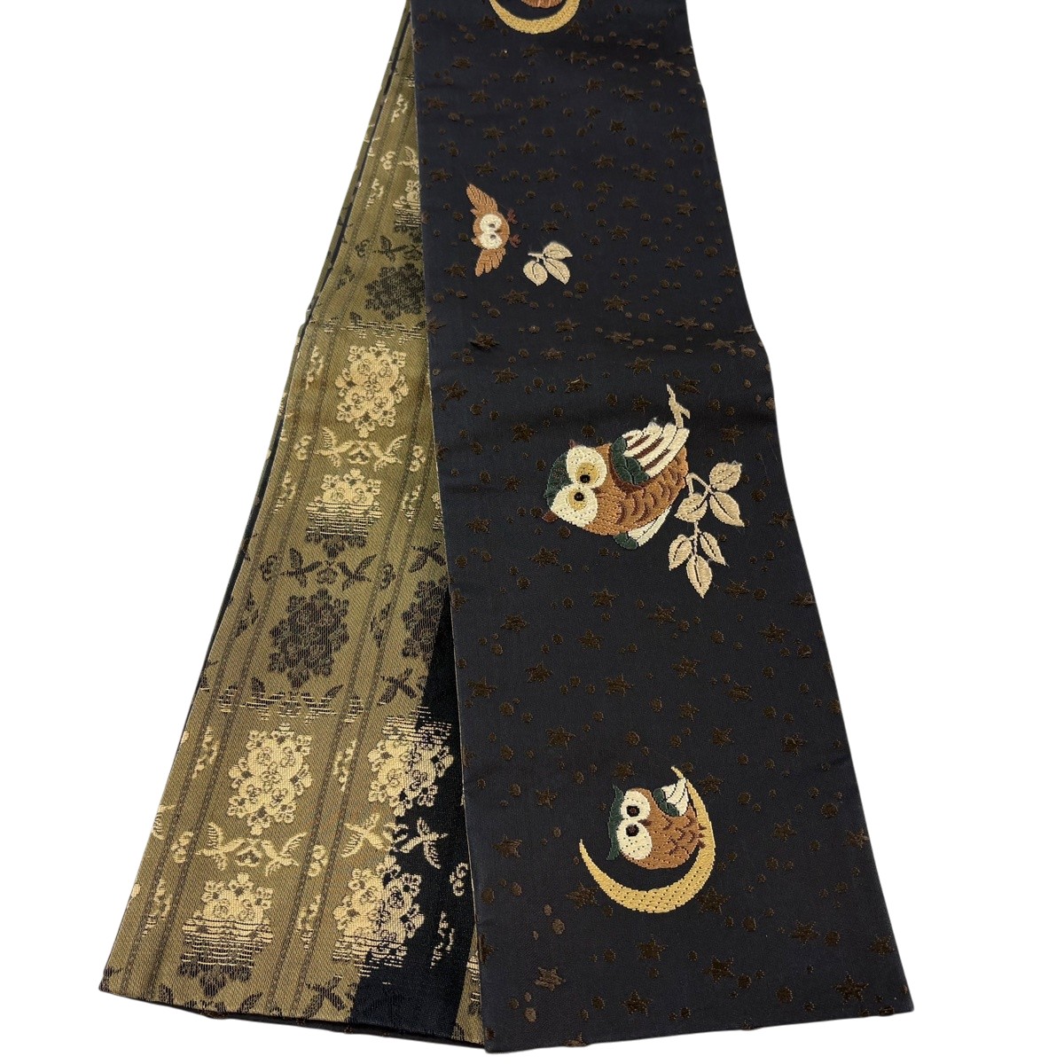 半幅帯 神品 木菟 三日月 焦茶色 正絹 【中古】 msp50
