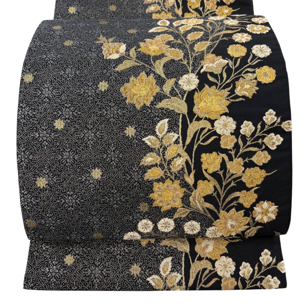 【美品】 袋帯 珠玉 じゅらく 名書きあり 顕花植物 花菱 金糸 箔 黒 六通 正絹 【中古】