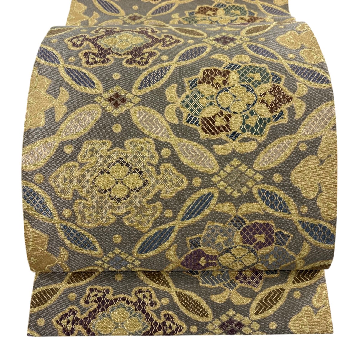 【美品】 袋帯 珠玉 じゅらく 名書きあり 華文 菱文 金糸 灰紫 六通 正絹 【中古】