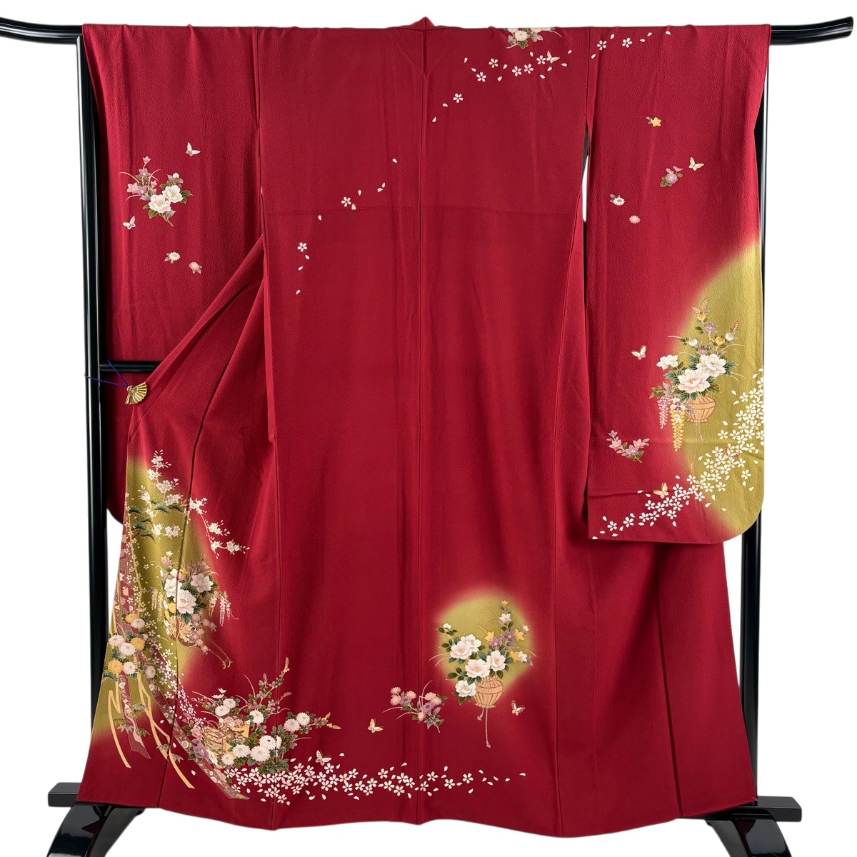 【美品】 振袖 身の丈160.5糎 裄丈66糎 M 袷 割れ易い 貝桶 金彩 染め分け 赤 正絹 秀品 【中古】 msp30