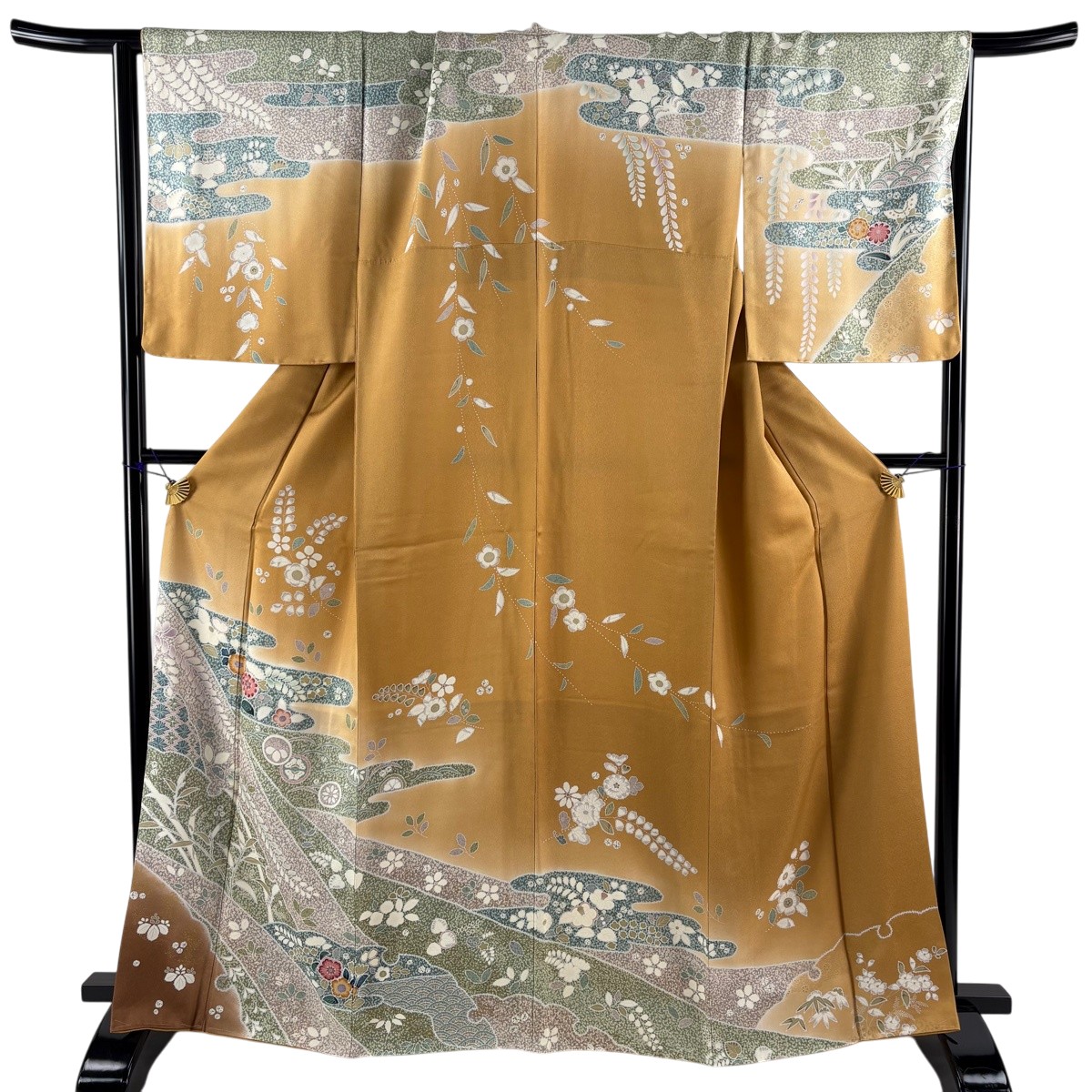 【美品】 短い訪問着 身の丈166糎 裄丈67.5糎 L 袷 顕花植物 霞 金彩 ぼかし 山吹赤銅色 正絹 秀品 【中古】 msp30