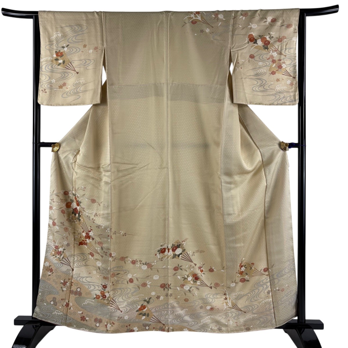 【美品】 短い訪問着 身の丈162糎 裄丈64糎 M 袷 花扇 水流 金彩 ベージュ 正絹 秀品 【中古】 msp30