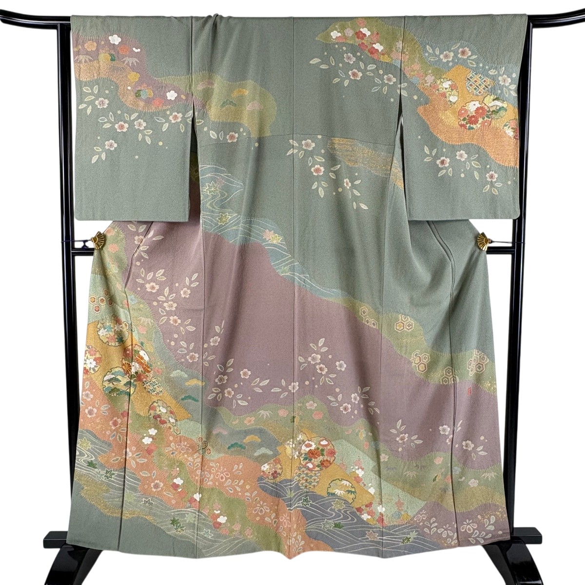 訪問着 身丈161cm 裄丈66cm M 袷 落款あり 雪輪 草花 金糸 金彩 灰緑 正絹 名品 【中古】｜バイセル 店