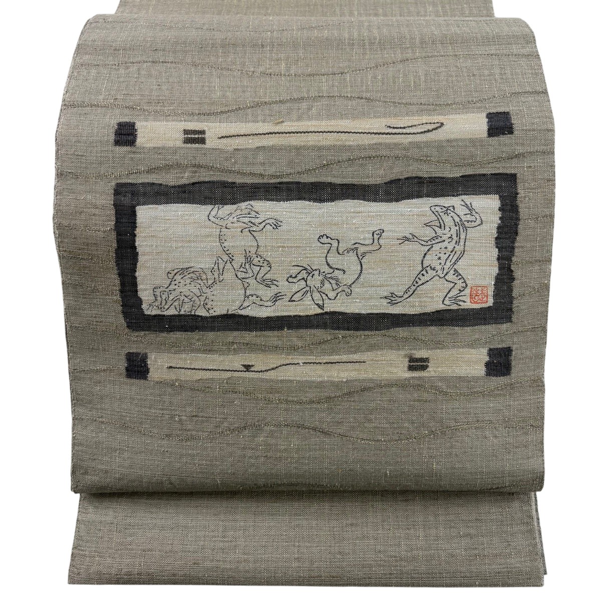 【美品】 袋帯 珠玉 名書きあり やまと 毛の荒物ポンチ絵 金糸 うす茶色色 お太鼓柄 正絹 【中古】 msp30