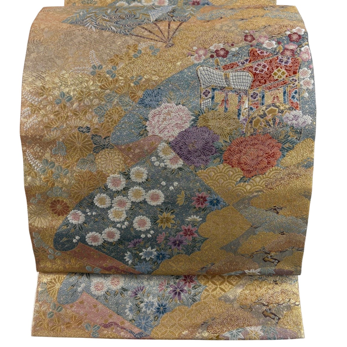 【美品】 袋帯 珠玉 長嶋成布切れ 御所車 扇 箔 金糸 金色 六通 正絹 【中古】