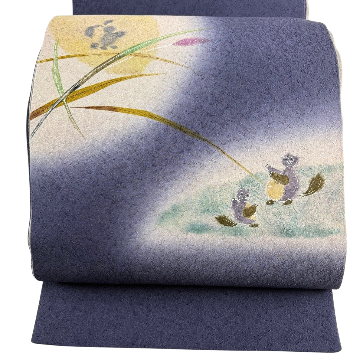 【美品】 袋帯 珠玉 たぬき うさぎ 紺色 お太鼓柄 正絹 【中古】 msp29