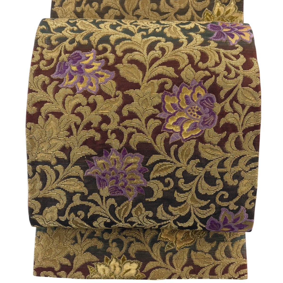 【美品】 袋帯 珠玉 じゅらく 名書きあり 金華山織 顕花植物 箔 金糸 赤茶 お太鼓柄 正絹 【中古】