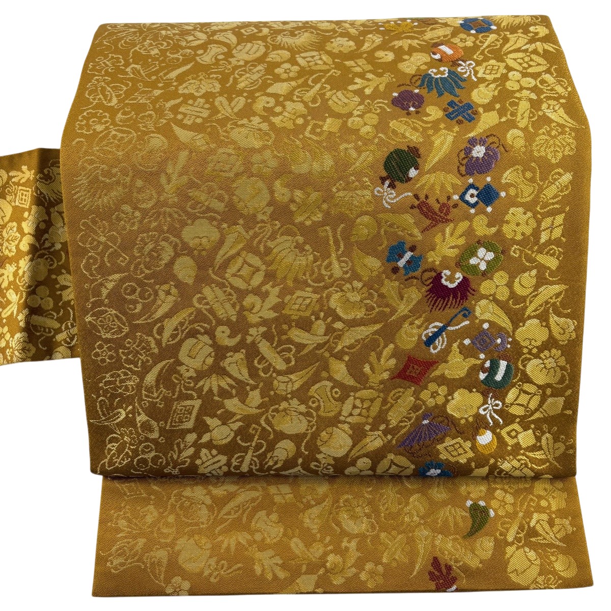 【美品】 名古屋帯 秀品 宝尽くし 山吹茶色 正絹 【中古】｜バイセル 店