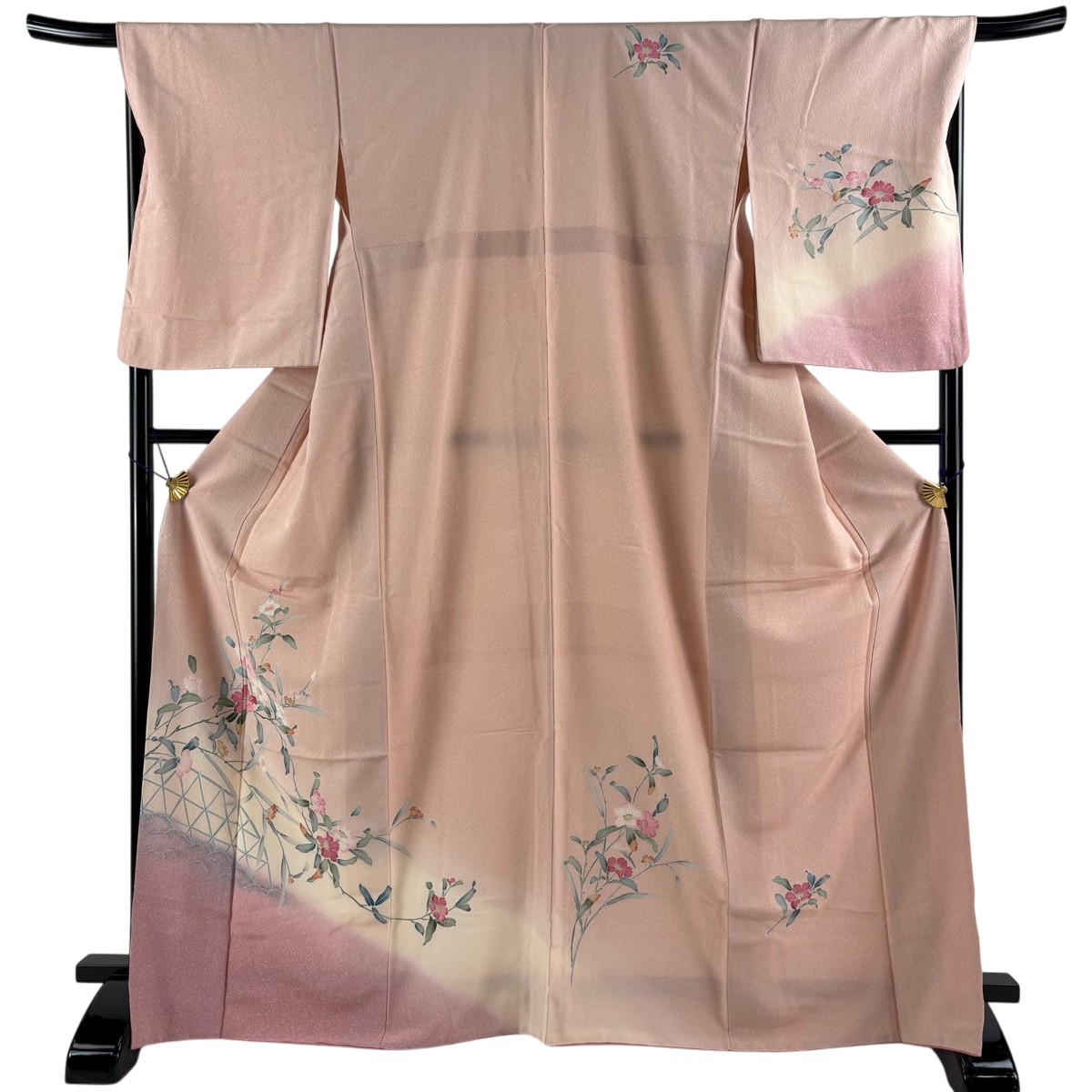 【美品】 短い訪問着 身の丈169糎 裄丈68糎 L 袷 光悦垣 顕花植物 ぼかし 薄サクラ色 正絹 秀品 【中古】 msp30