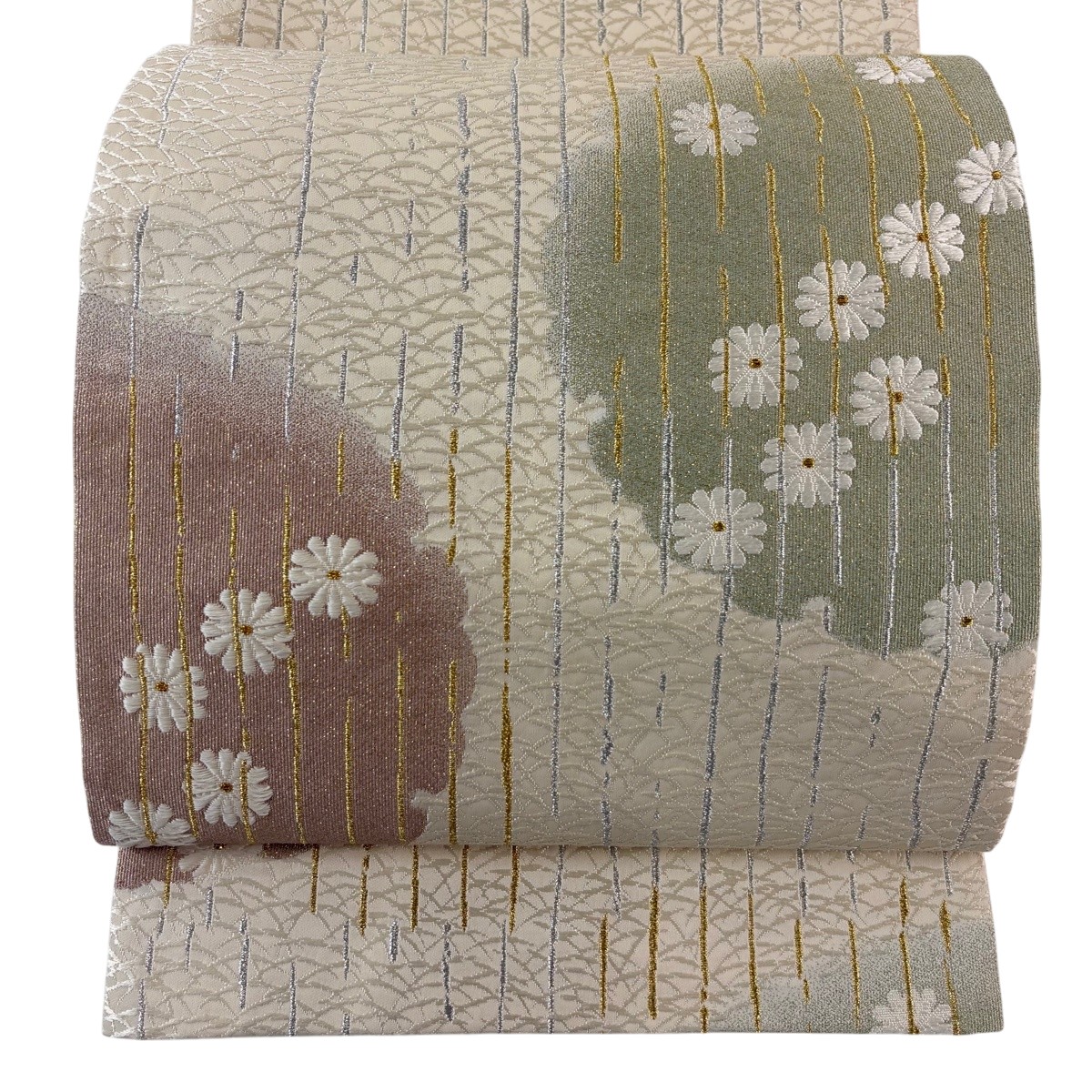 袋帯 神品 鈴乃屋 雪輪 花 唐織つづれ 現ナマ糸 ベージュ 六通 正絹 【中古】 msp30