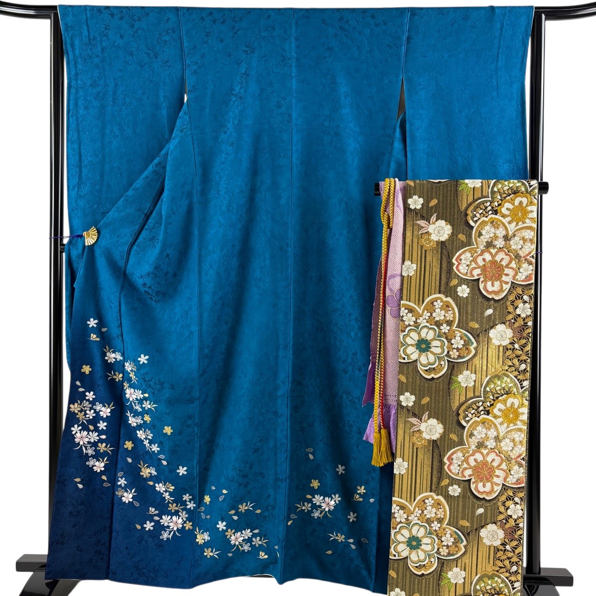 振袖 身たけ162糎 裄丈63.5糎 S 袷 袋帯フルセット 桜 花瓣 現ナマ糸 ぼかし 青緑 正絹 秀品 【中古】