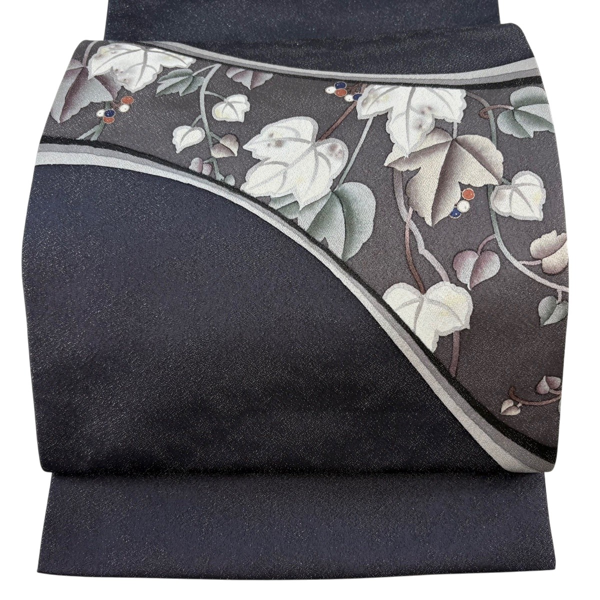 袋帯 神品 葉と実 箔 黒灰 お太鼓柄 正絹 【中古】 msp30