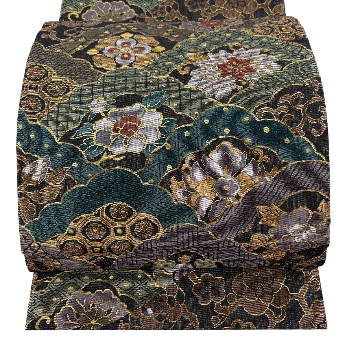 【最終価格】 【美品】 袋帯 逸品 となみ織物 落款あり 紬地 草花 青海波 箔 焦茶色 六通 正絹 【中古】 msp70|バイセル 店