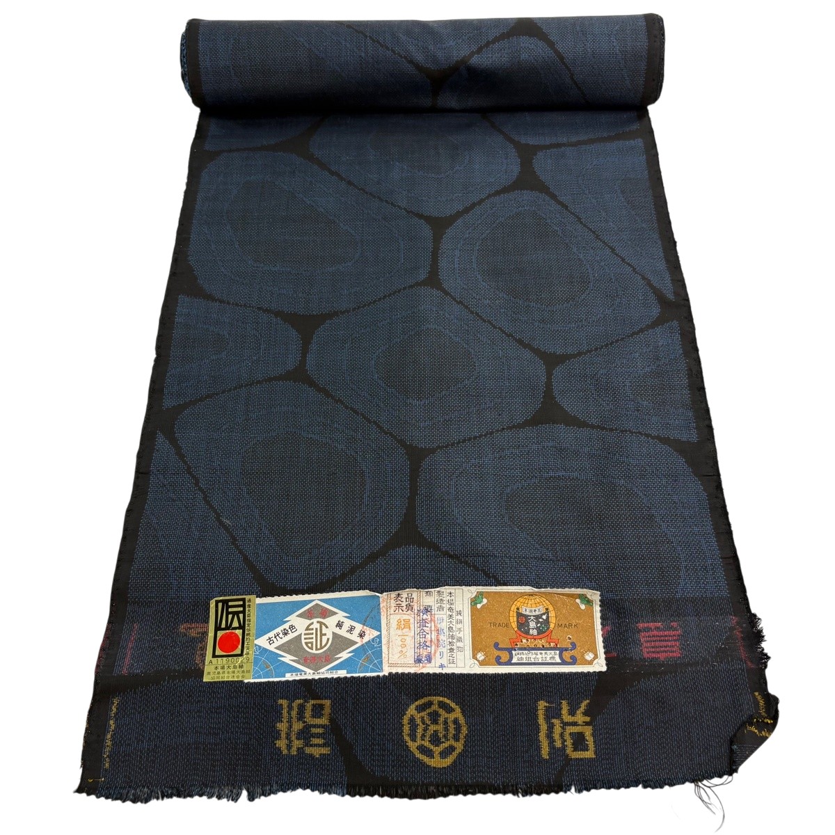 布切れ 秀品 大島紬 証紙有 幾何学学 紺色 正絹 【中古】 msp30