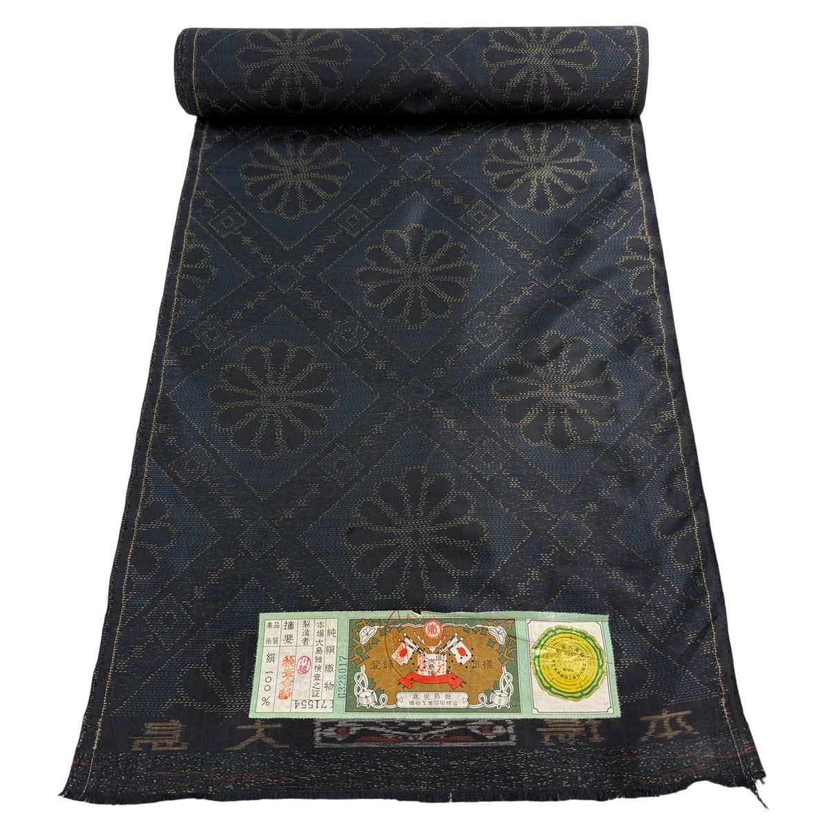 布切れ 秀品 大島紬 証紙有 菊 深緑 正絹 【中古】 msp30