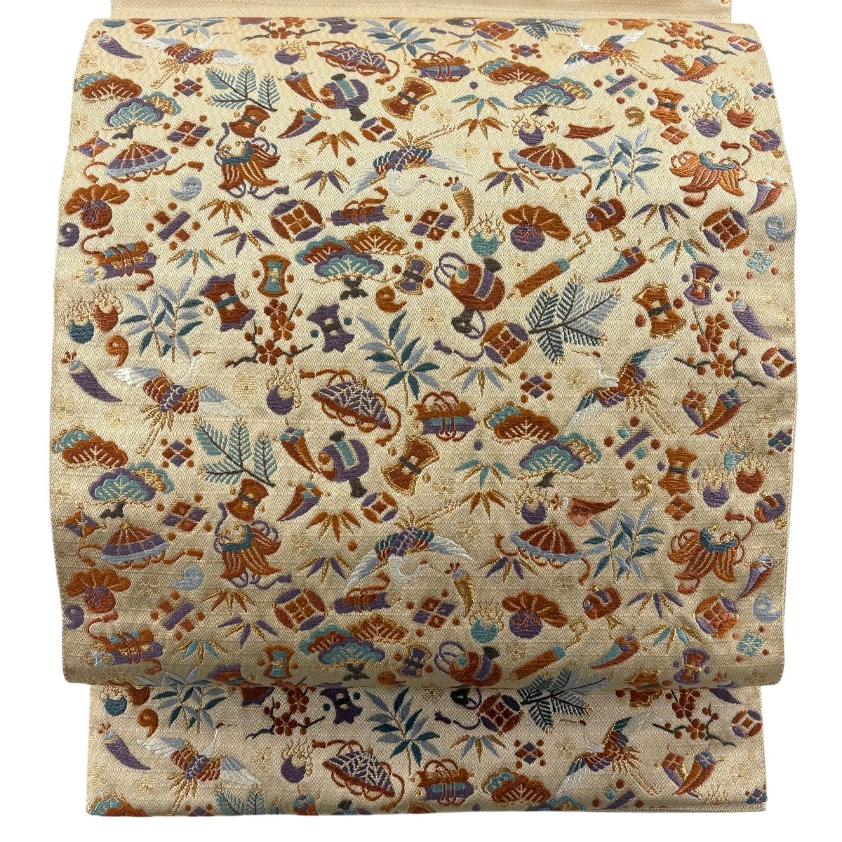 袋帯 神品 宝尽くし 鶴 刺しゅう 金糸 うす茶色色 お太鼓柄 正絹 【中古】 msp30