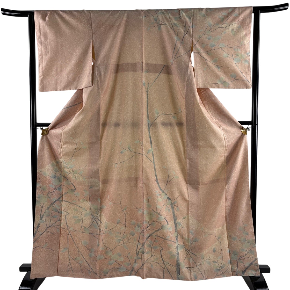 【美品】 短い訪問着 身の丈165珊 裄丈64珊 M 袷 紬地 枝葉 薄さくら色 正絹 秀品 【中古】 msp30