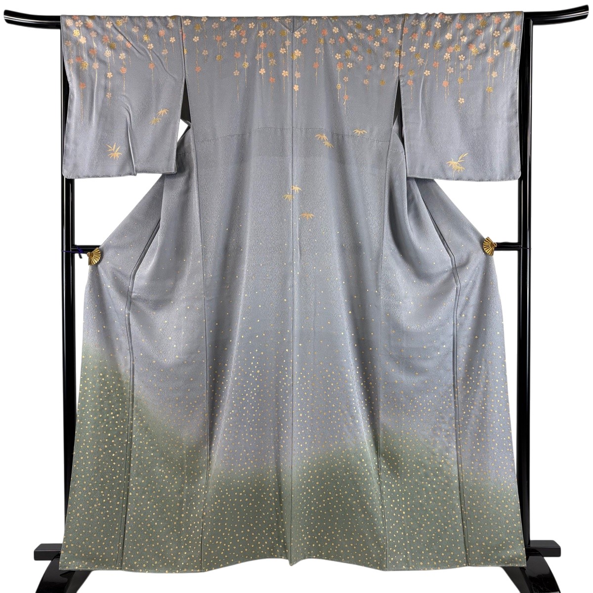 【美品】 短い訪問着 身の丈162糎 裄丈66糎 M 袷 桜 箔散らし広告 金彩 染め分け 青薄墨色 正絹 秀品 【中古】 msp30