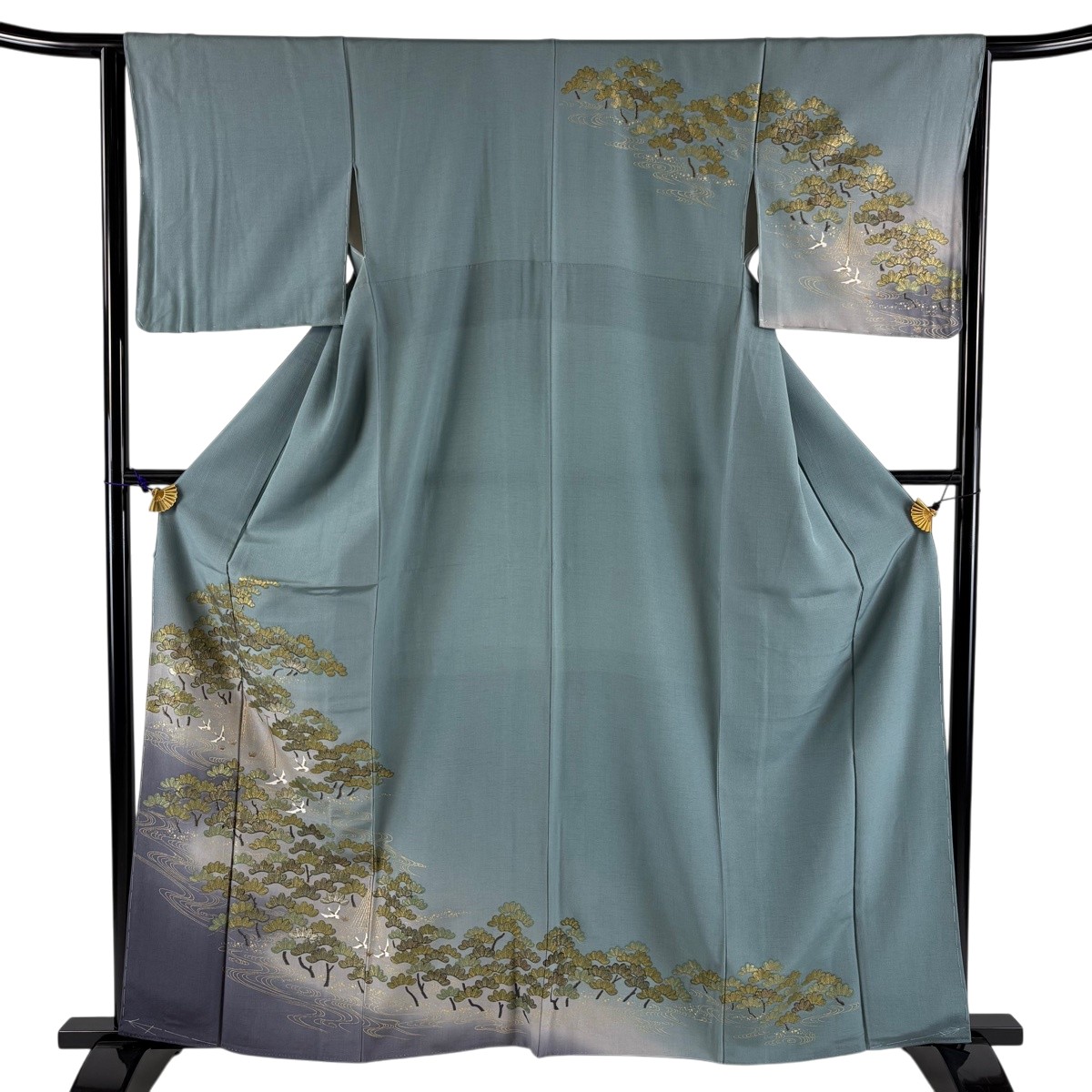 【美品】 短い訪問着 身の丈162糎 裄丈65糎 M 袷 笠松 鶴 現ナマ彩 ぼかし 青薄墨色 正絹 秀品 【中古】 msp30