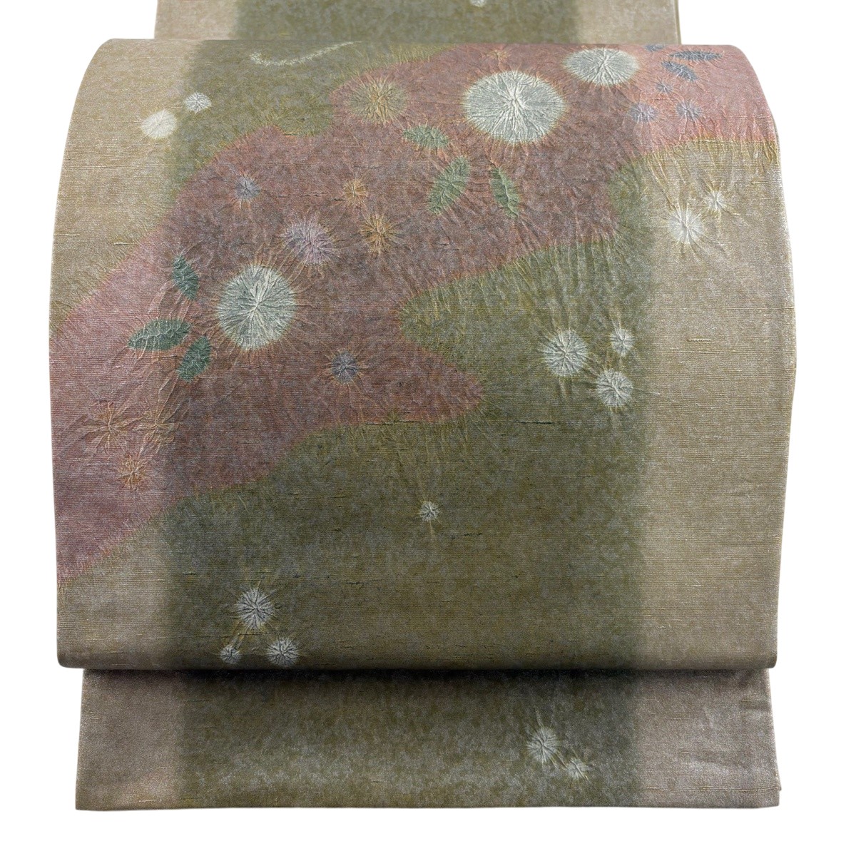 袋帯 神品 名書きあり 牛首紬 雪輪 顕花植物 銀彩 絞り 鶯色 お太鼓柄 正絹 【中古】 msp30