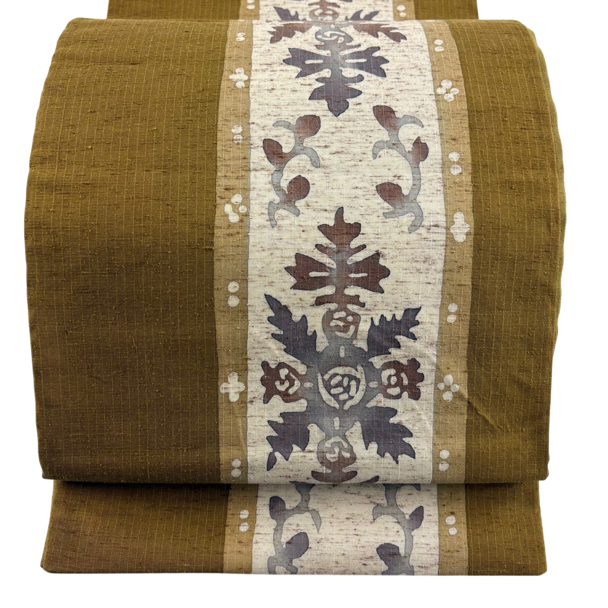 袋帯 神品 紬地 やまと 顕花植物 縞 山吹赤銅色 六通 正絹 【中古】 msp30