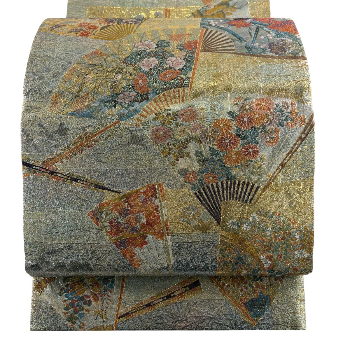 袋帯 神品 琳派三十六集扇 扇 顕花植物 箔 金糸 金色 お太鼓柄 正絹 【中古】 msp30