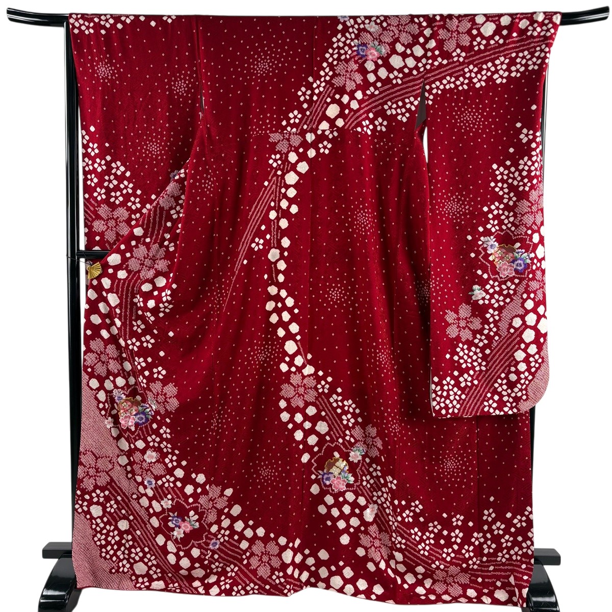 【美品】 振袖 身の丈168.5糎 裄丈68糎 L 袷 桜 雪輪 刺しゅう 金糸 赤 正絹 秀品 【中古】 msp30