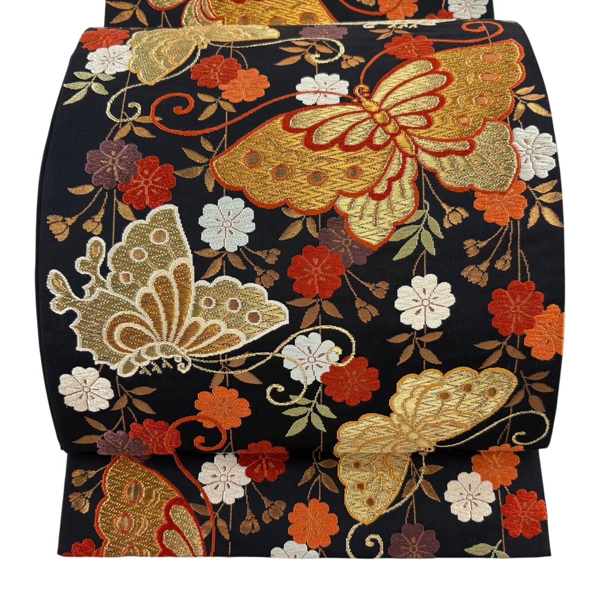 【最終価格】 【美品】 袋帯 逸品 河合美術織物 蝶 枝垂れ桜 唐織 金糸 黒 六通 正絹 【中古】 msp70|バイセル 店