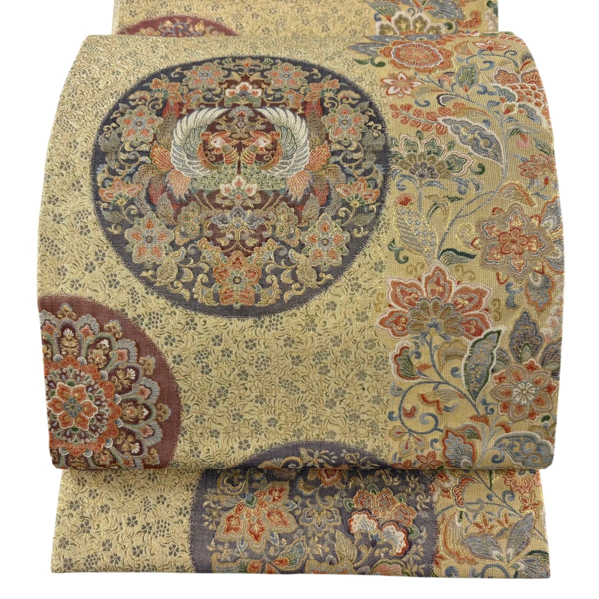 【美品】 袋帯 珠玉 向こうっ面鳥 花唐草 金糸 箔 ベージュ 六通 正絹 【中古】 msp29