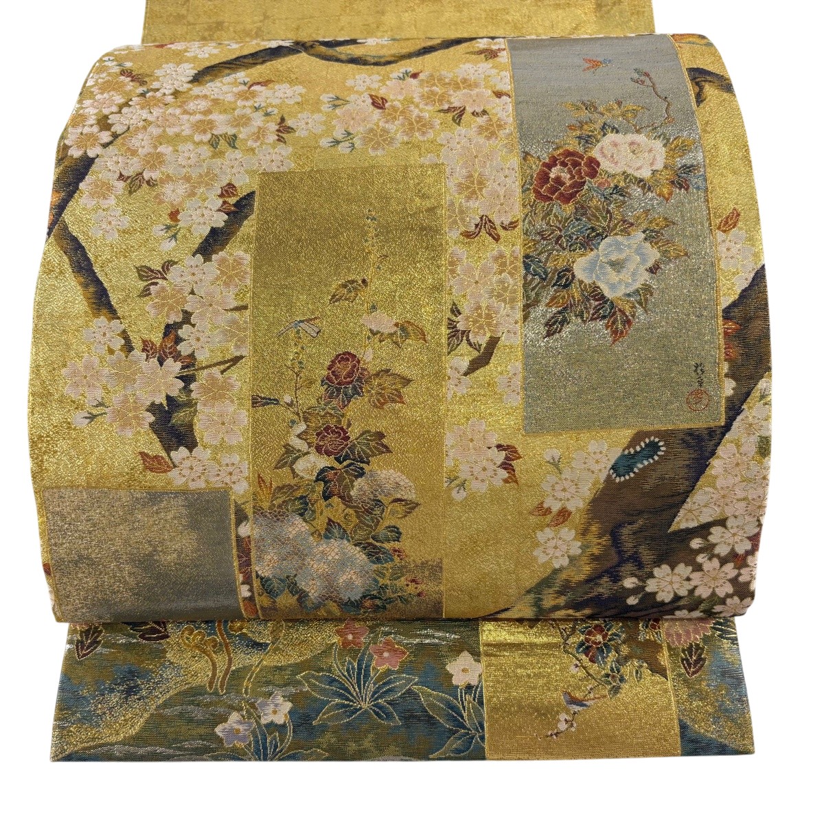 丸帯 珠玉 抱一 十二ヶ月花鳥図 楓図屏風 桜 短冊 金糸 箔 金色 お太鼓柄 正絹 【中古】