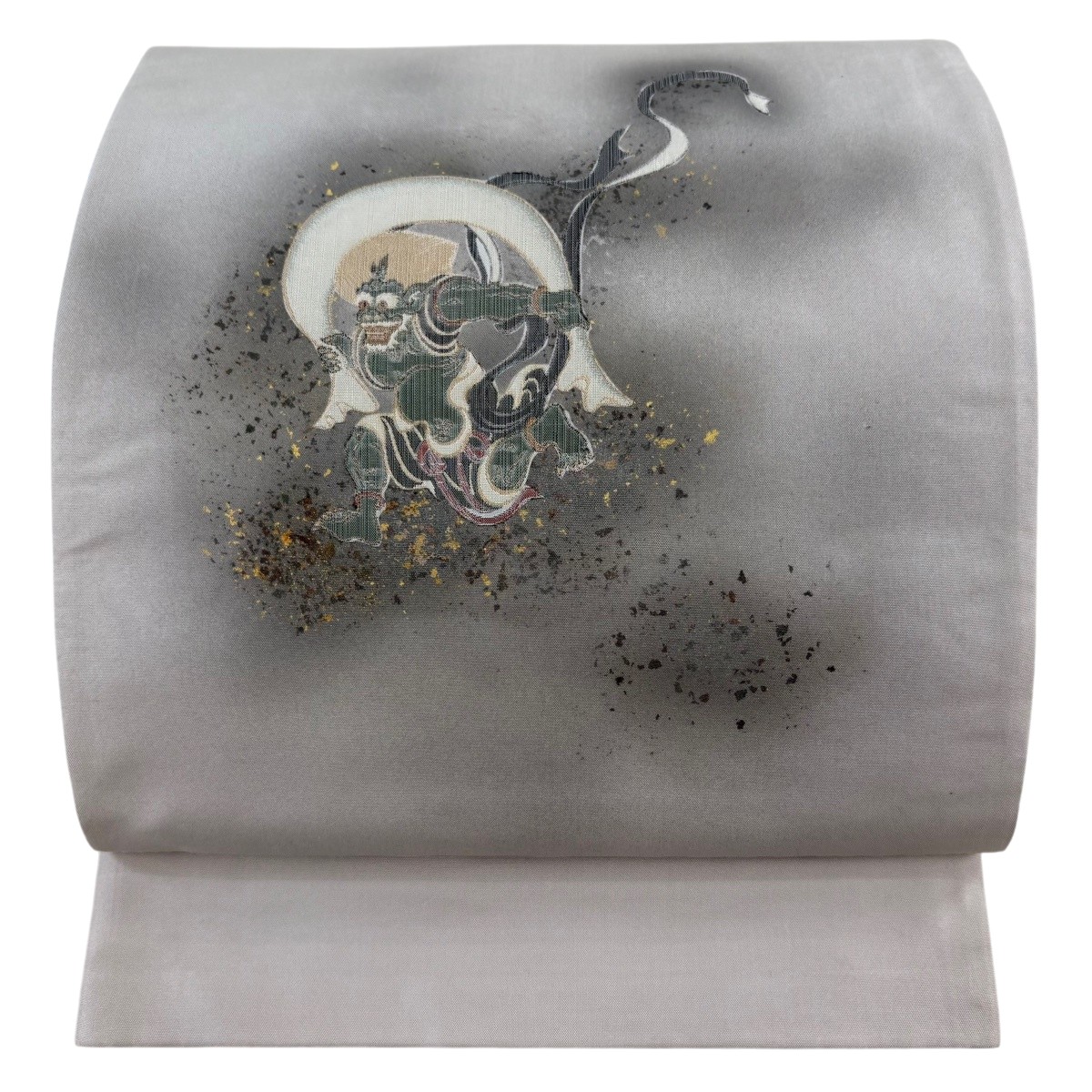 袋帯 珠玉 風神雷神 金彩 薄墨色 お太鼓柄 正絹 【中古】 msp29