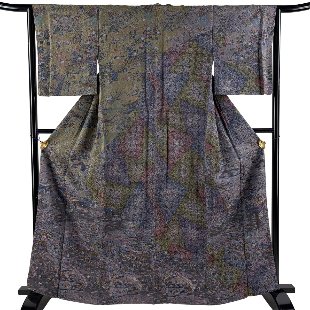 【美品】 短い訪問着 身たけ164糎 裄丈63糎 S 袷 松竹 建築物 灰紫 正絹 珠玉 【中古】