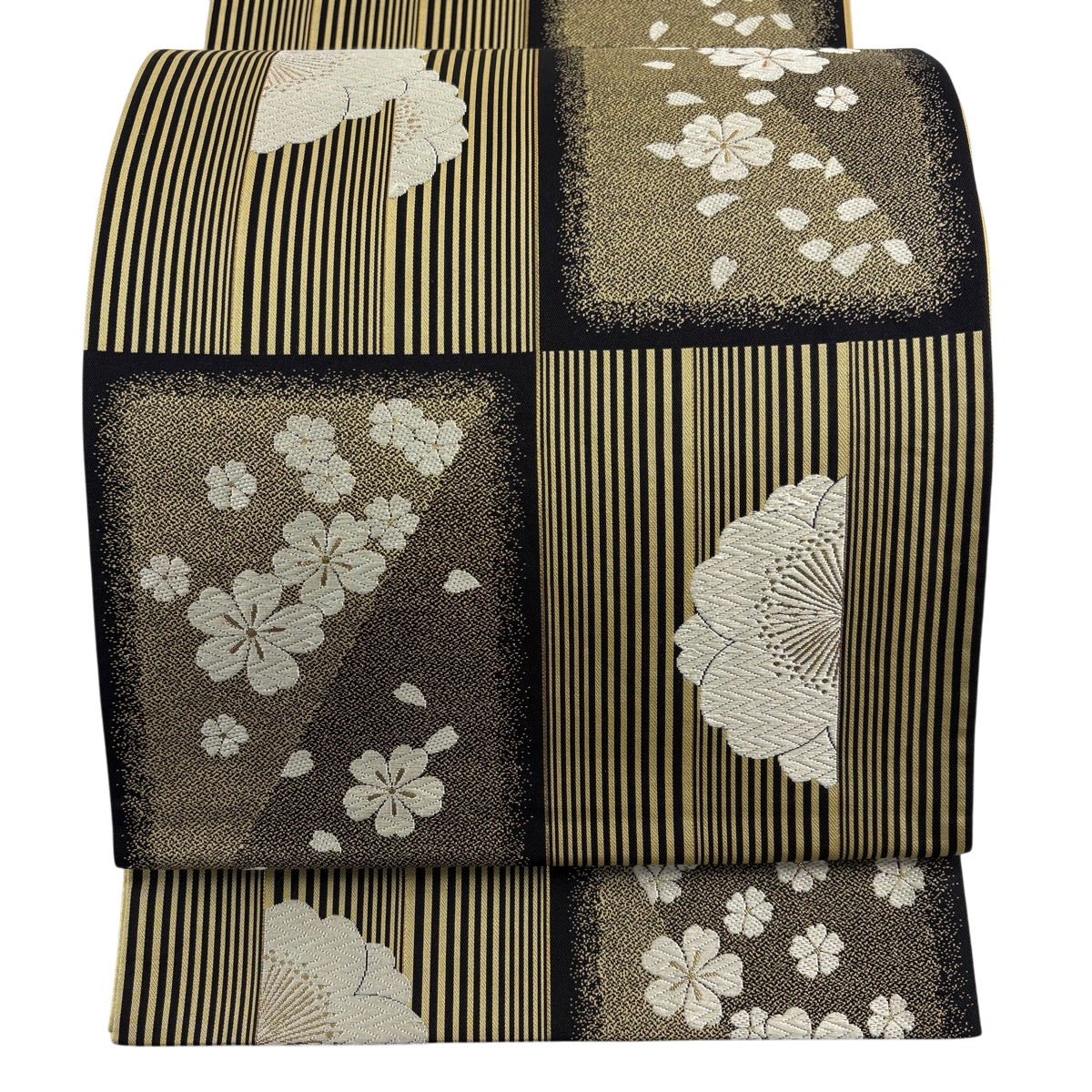 袋帯 神品 桜 変わり市松 金糸 唐織 イエローオーカー色 六通 正絹 【中古】 msp30