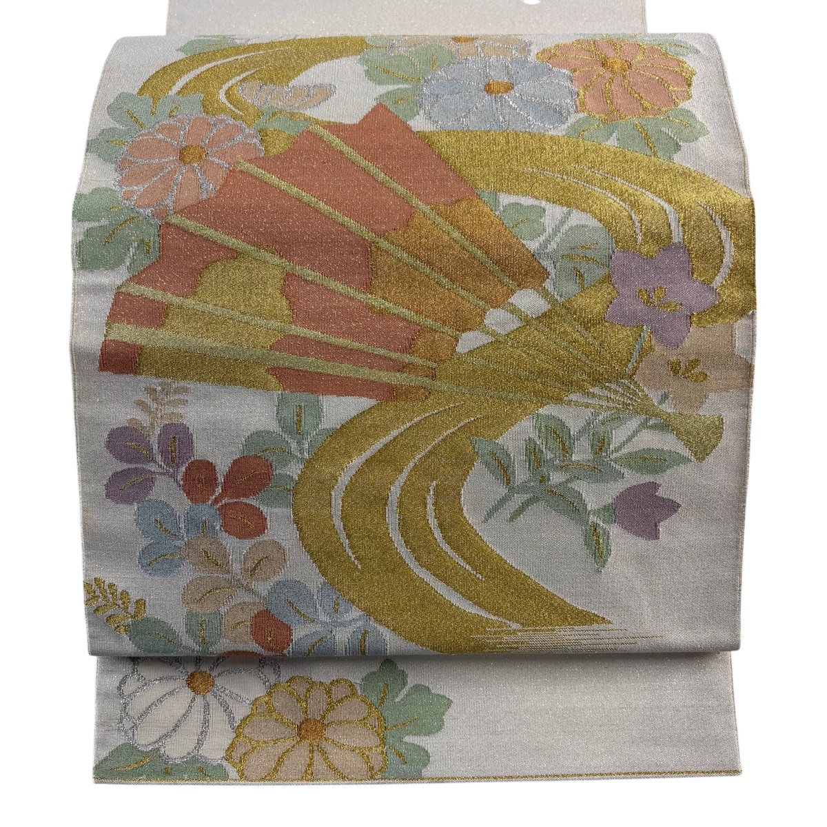 袋帯 神品 秋草 扇 現ナマ糸 皮膚軟化剤 お太鼓柄 正絹 【中古】 msp30