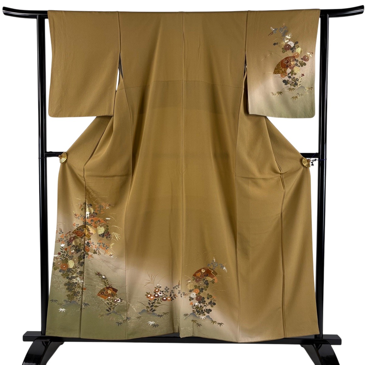 【美品】 短い訪問着 身の丈159珊 裄丈62珊 S 袷 扇子 秋草 現ナマ彩 ぼかし 山吹赤銅色 正絹 秀品 【中古】 msp30
